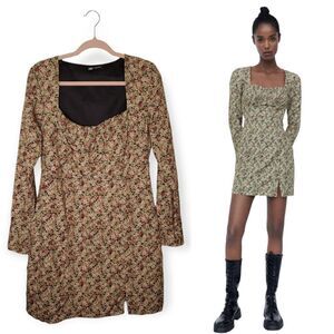 Zara Brown Floral Long Sleeve Mini Dress Size XL NWT